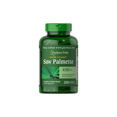 A green bottle of Puritan's Pride Saw Palmetto 450 mg, 200 Rapid Release Capsules, supports men’s and prostate health.